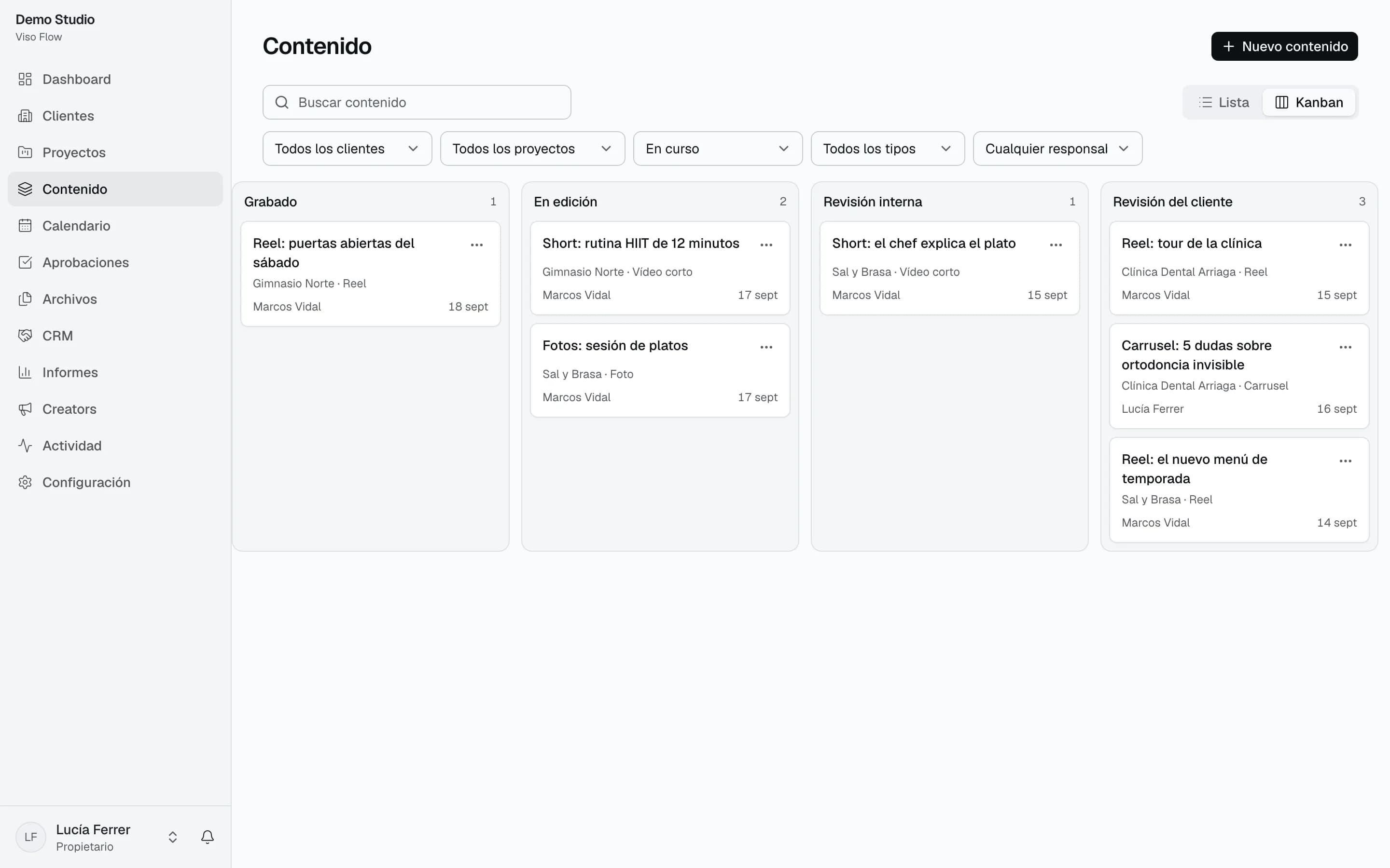 Kanban de contenido de Viso Flow con columnas por estado y tarjetas con cliente, responsable y fecha límite