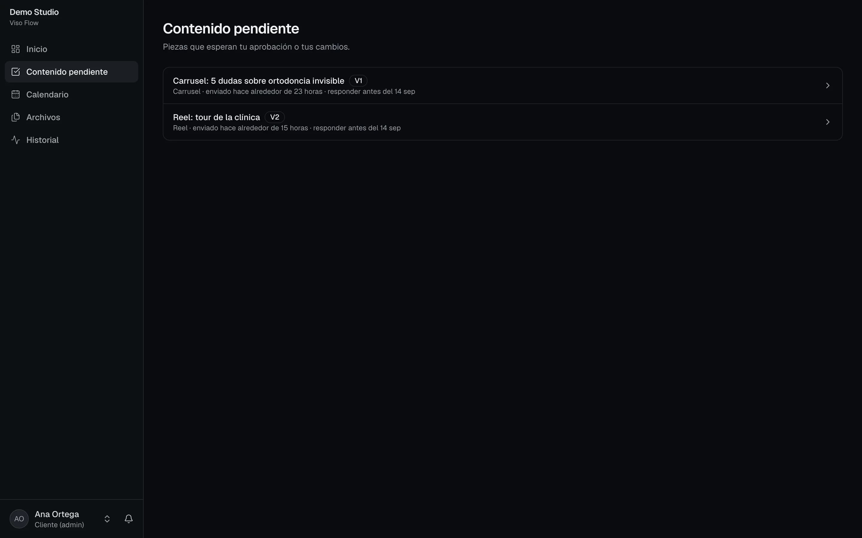 Portal de cliente de Viso Flow con las piezas pendientes de aprobación