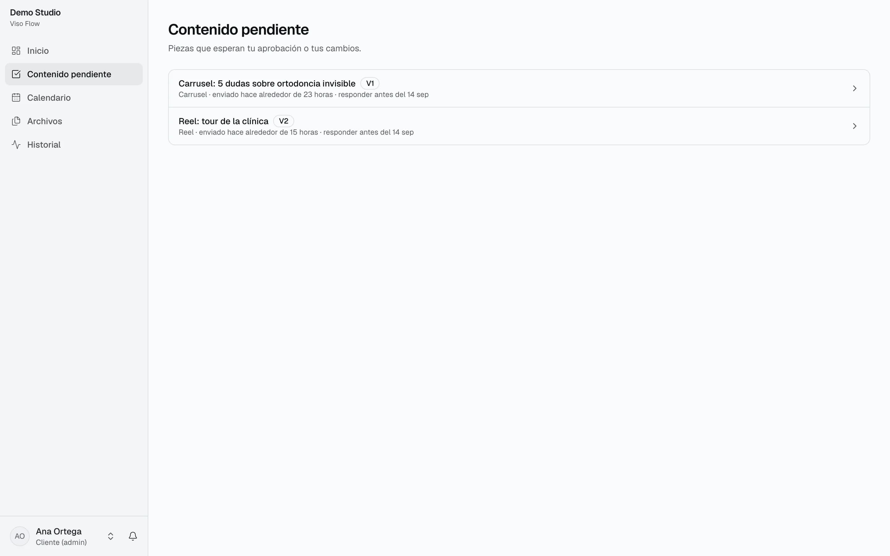 Portal de cliente de Viso Flow con las piezas pendientes de aprobación